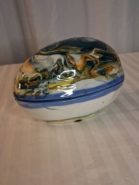 Hand-Painted Marbleized Ceramic Trinket Box - Blue, Yellow, Green